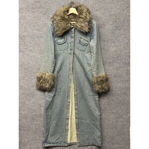 VTG Blanc Noir Denim Trench Coat Faux Fur Collar Cuffs Penny Lane Y2K Small Boho